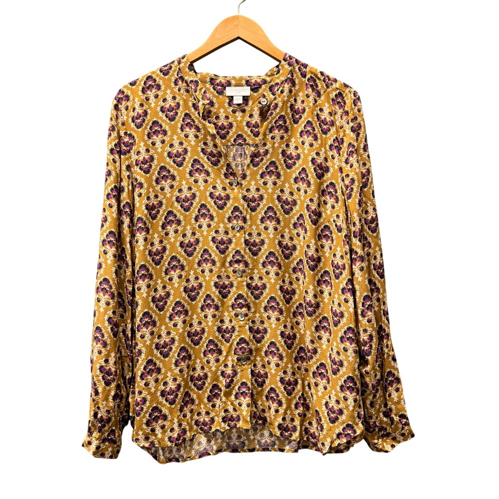 J.Jill Blouse Womens L Medallion Golden Brown Purple Boho Rayon Button Up Shirt